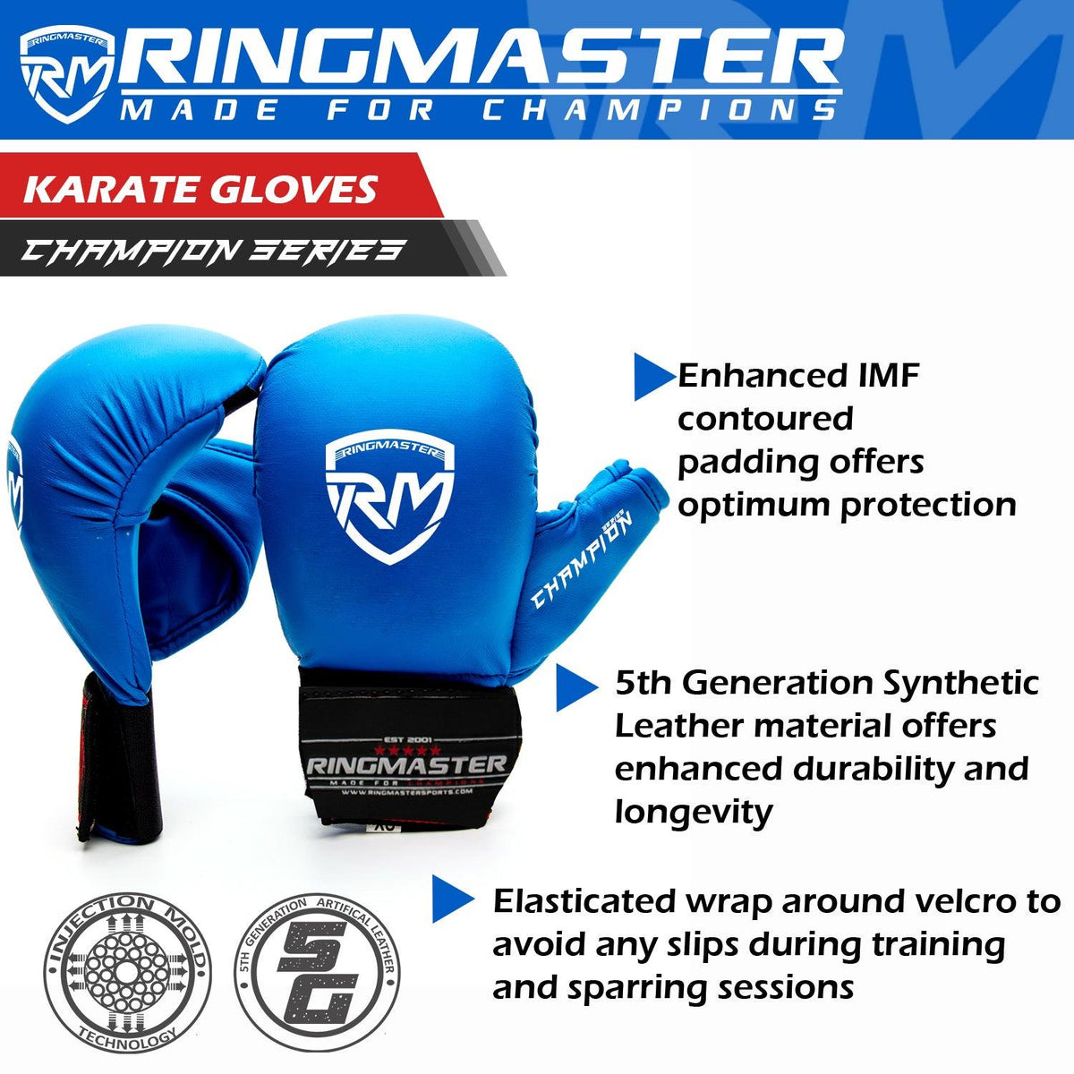 RingMaster Sports blue kids karate gloves in 5th Generation Synthetic Leather