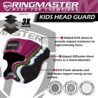 RingMaster Sports synthetic leather kids boxing head guard in purple and white