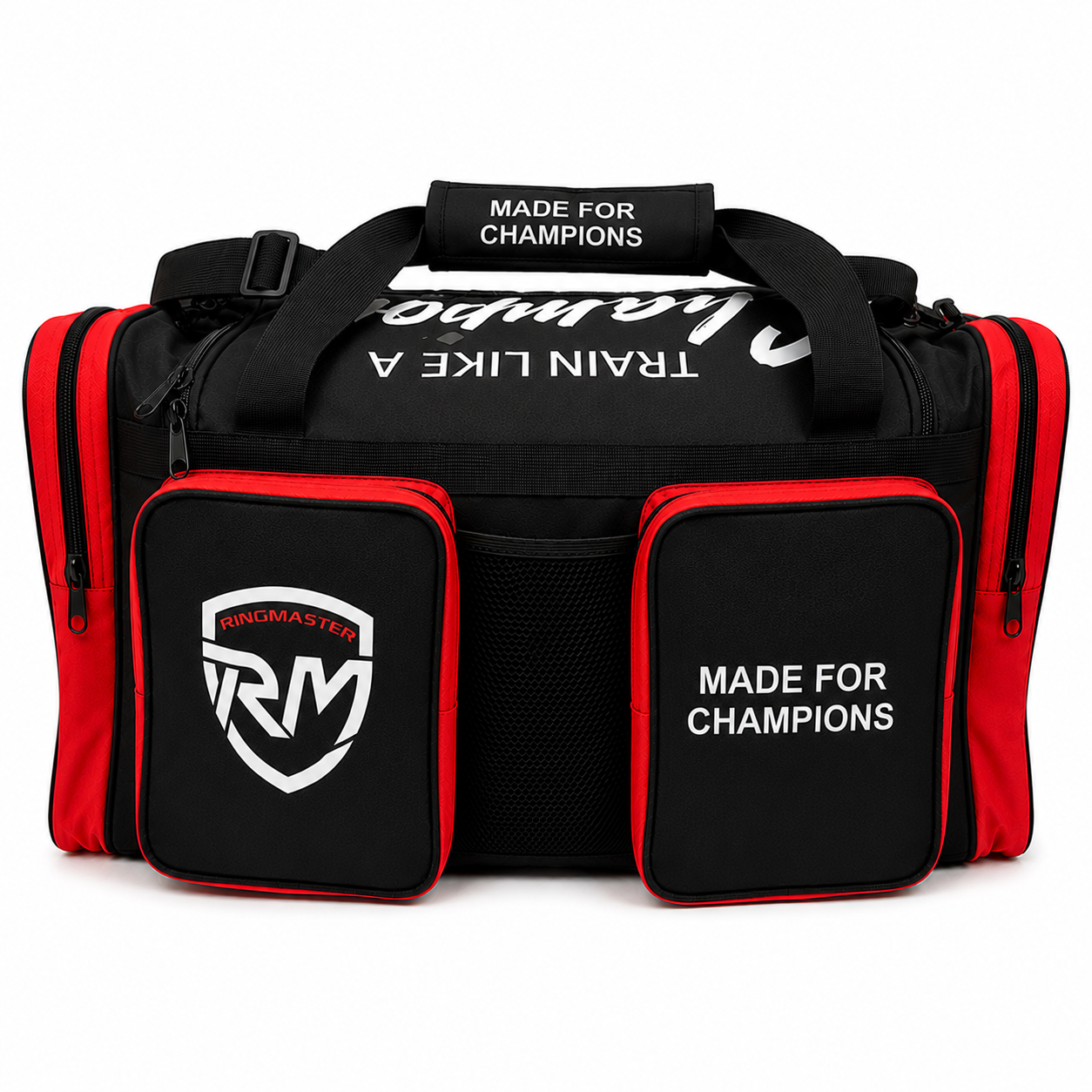 Front pocket detail on RingMaster large gym equipment bag black red