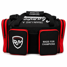 Front pocket detail on RingMaster large gym equipment bag black red
