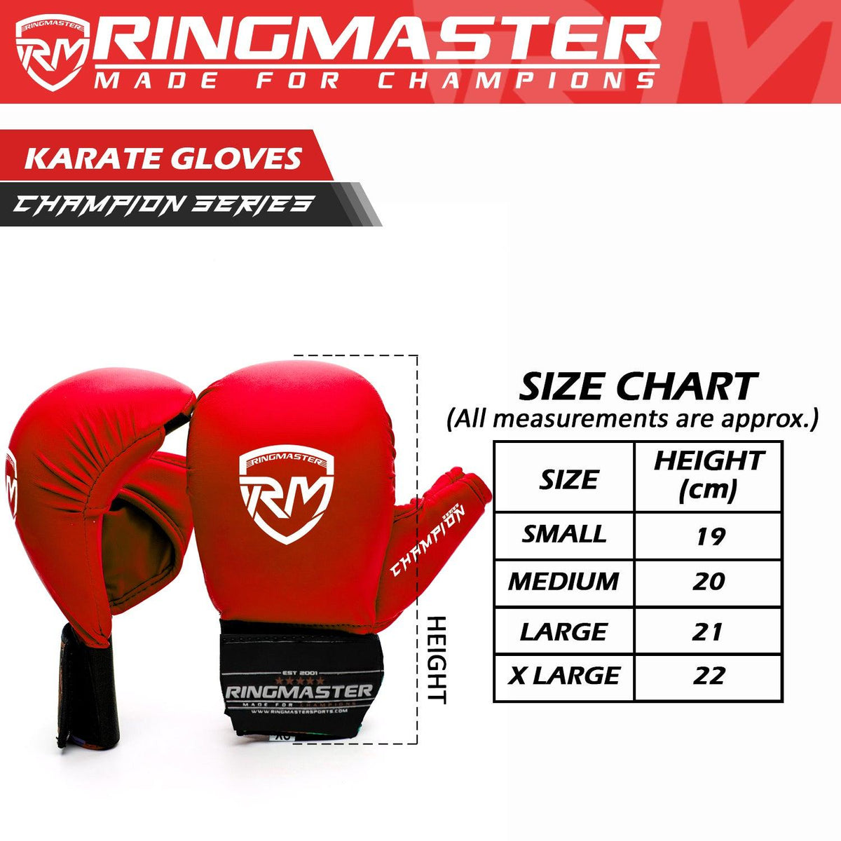 RingMaster Sports red Karate gloves with wrap-around Velcro fastening