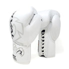 Close-up of Rival RFX-Guerrero HDE-F white sparring gloves showing angled lace track system