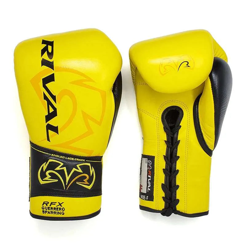 Close-up of Rival RFX-Guerrero HDE-F yellow sparring gloves showing angled lace track system