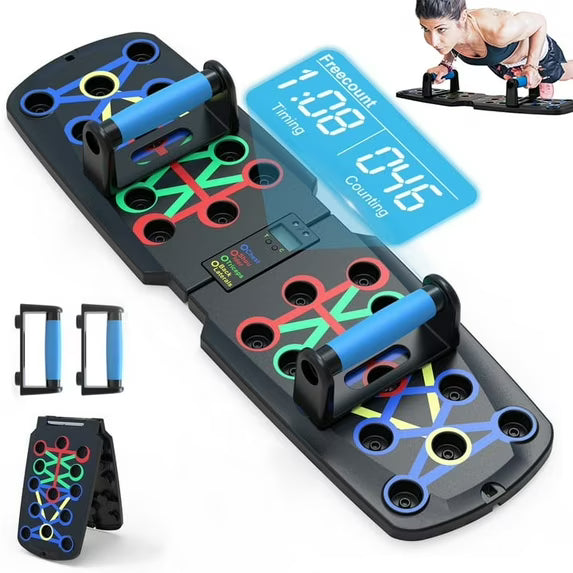 Smart push up board with digital counter and timer for accurate home workout tracking.