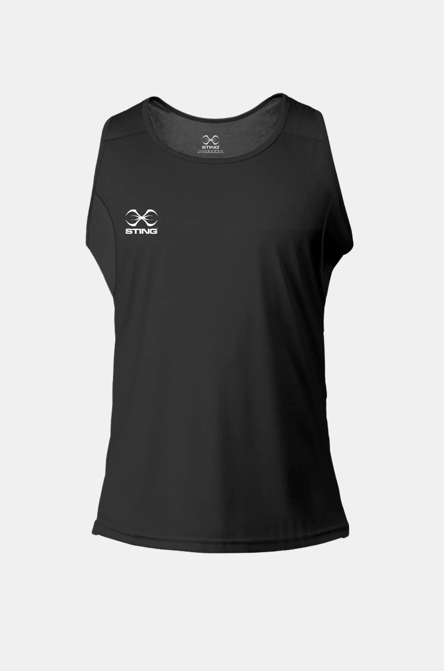 Sting Mettle Black junior boxing singlet made from lightweight polyester fabric for breathable comfort and durability.