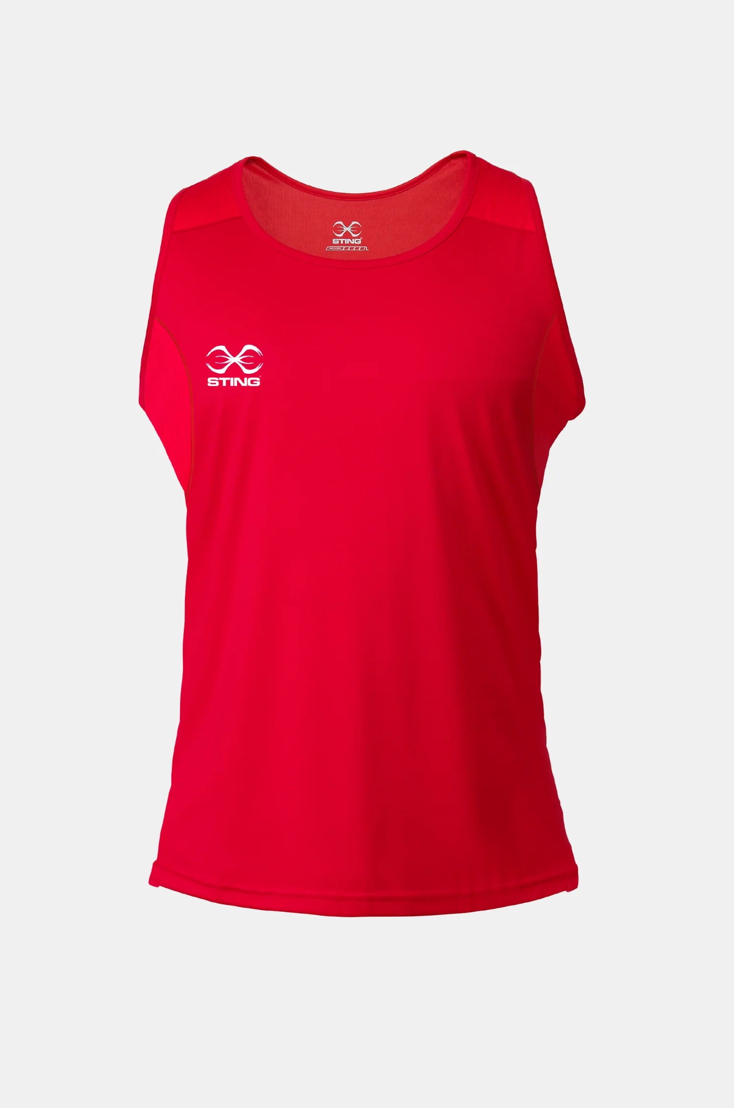 Sting Mettle Red junior boxing singlet made from lightweight polyester for breathability and comfort during training.