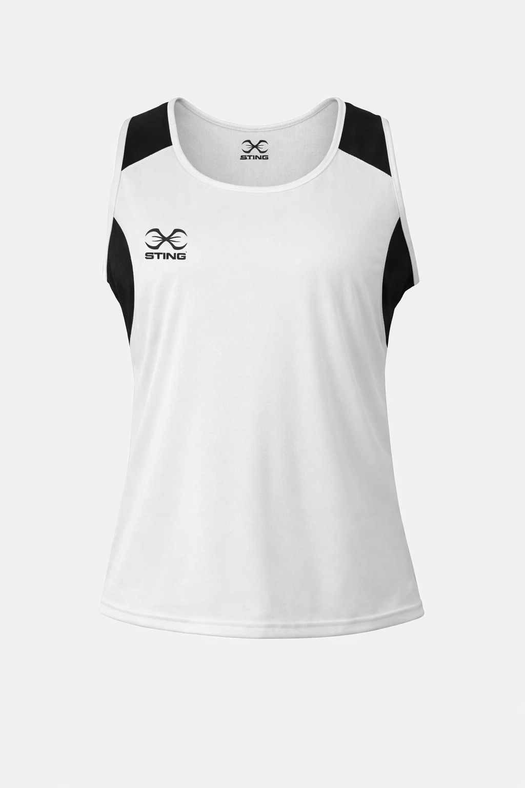 Front view of Sting Mettle Men’s Boxing Singlet White showing athletic cut and lightweight polyester fabric.