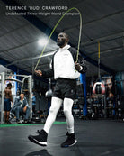 Terence Bud Crawford wearing Boxraw Tunero 2-in-1 Shorts Black in a boxing training lifestyle image