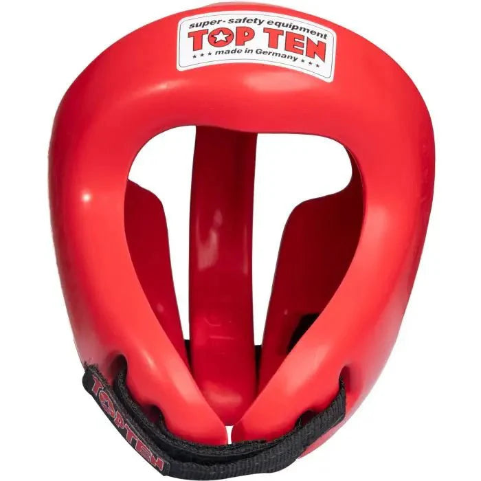 TOP TEN Competition Fight Head Guard Red front view showing WAKO approved martial arts head protection