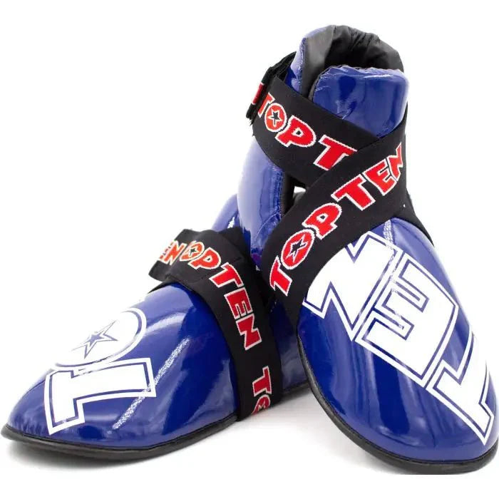 TOP TEN Kicks SuperLight Blue WAKO approved foot guards front and full view for kickboxing competition