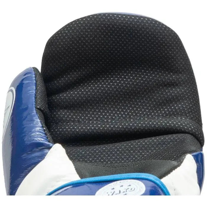 Pair of TOP TEN Pointfighter Glossy Block Blue WAKO approved gloves shown togethe