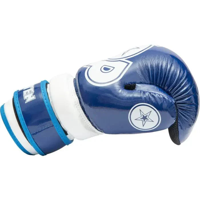 Side view of TOP TEN Pointfighter Glossy Block Blue gloves showing ergonomic profile