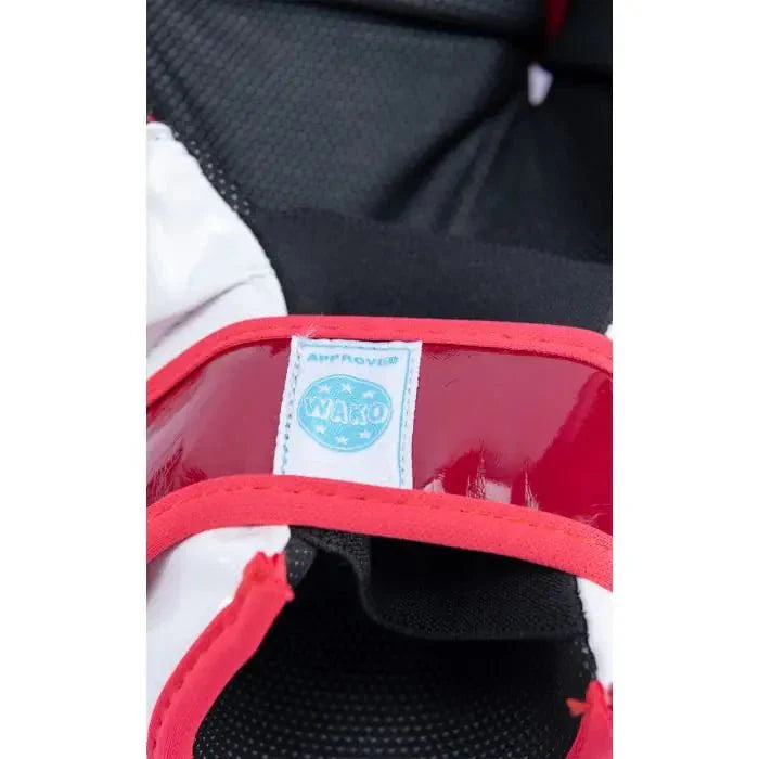 Glossy red polyurethane shell close-up on TOP TEN Pointfighter Glossy Block gloves
