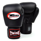Twins Boxing Gloves Black front view showing cowhide leather Muay Thai training gloves