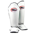 White Twins Double Padded Leather Shin Guards shown as a pair from the front with shin and instep sections visible