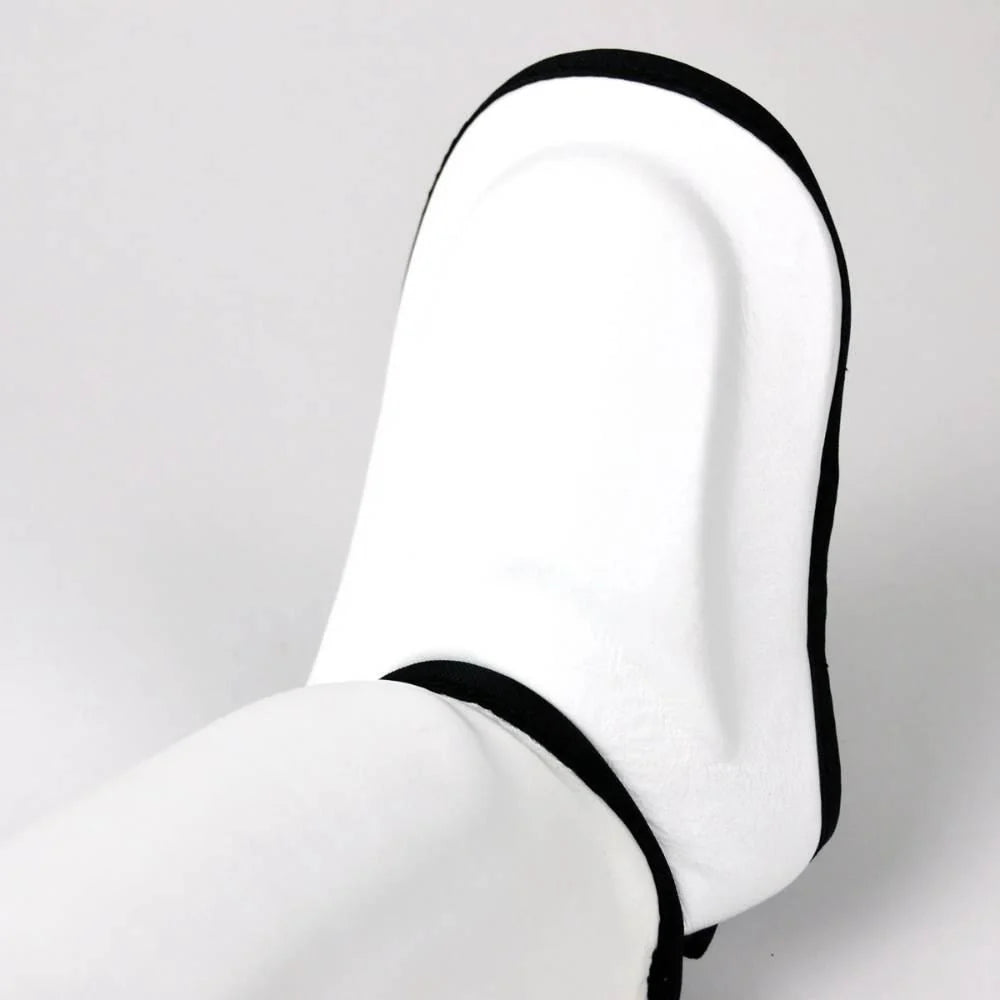Rear view of White Twins Double Padded Leather Shin Guards showing the adjustable hook-and-loop strap area
