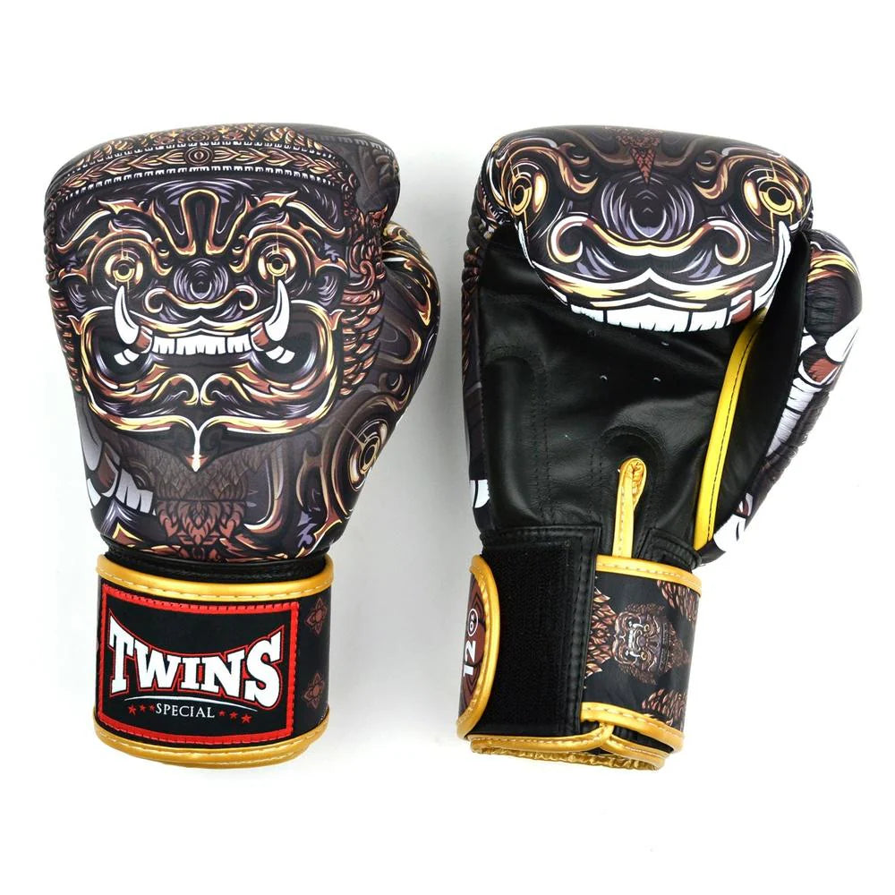 Front view of Twins FBGVL4-63 Yakthai boxing gloves showing Thai artwork