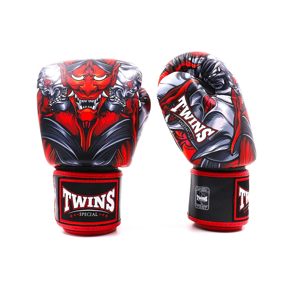 back view of Twins Kabuki boxing gloves black red