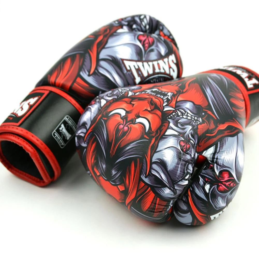 Twins Kabuki black red gloves used in Muay Thai training sparring