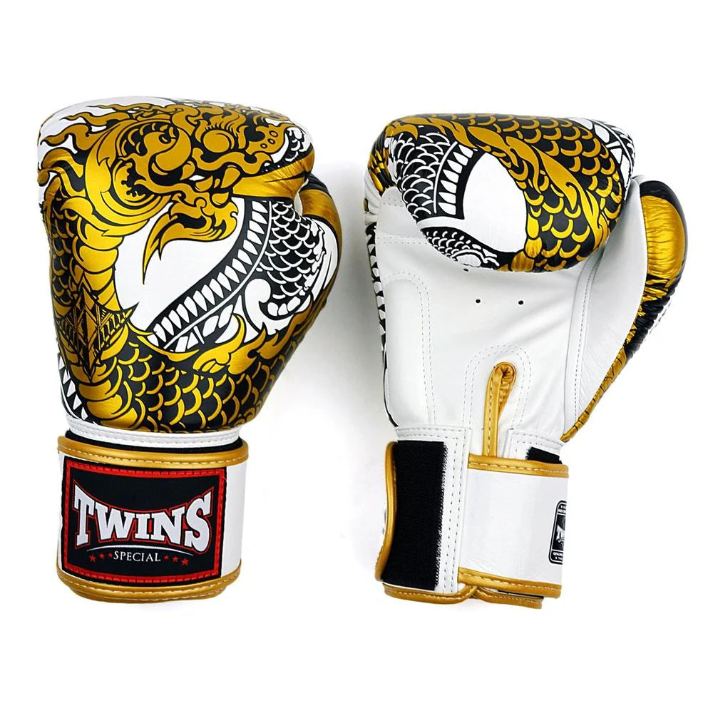 Front view of Twins Nagas boxing gloves White/Gold with Naga artwork