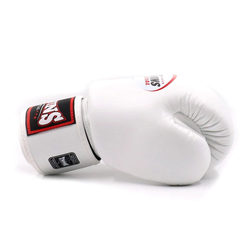 Side view of Twins Special BGVL3 Boxing Gloves White showing training glove shape