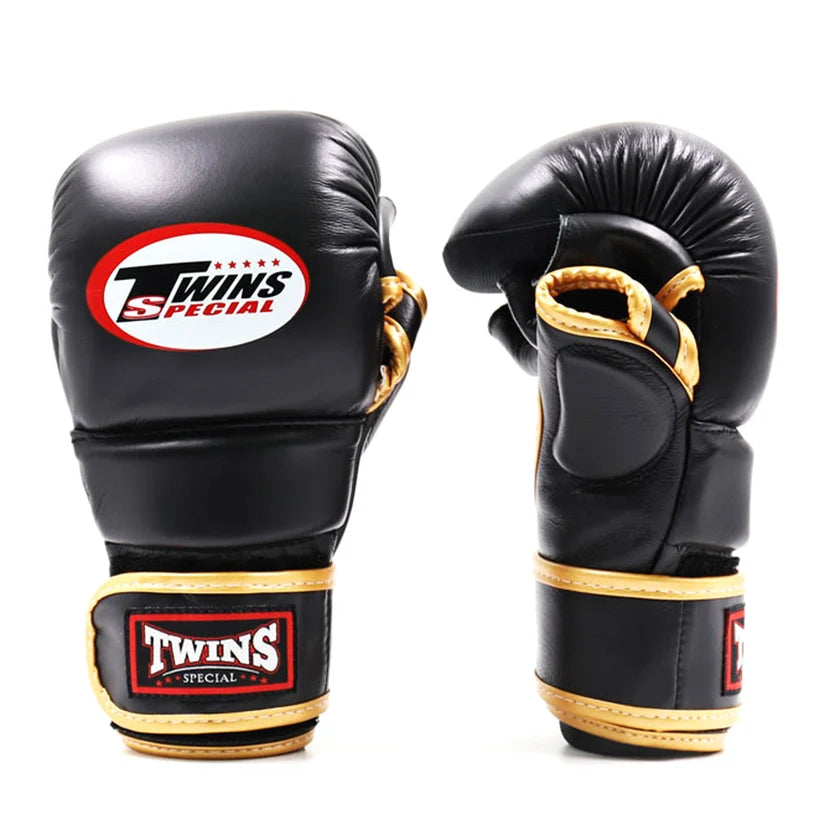 Twins Special GGL14 MMA Sparring Gloves Black Gold front view showing padded leather glove design