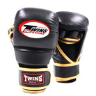 Open palm view of Twins Special GGL14 Black Gold MMA gloves for grappling and clinch work