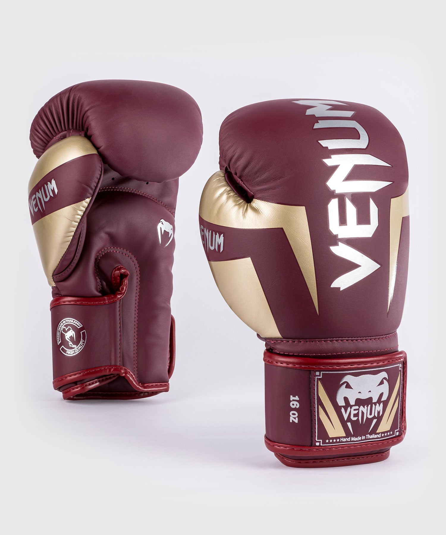 Venum Elite Burgundy Gold boxing gloves back view with reinforced seams