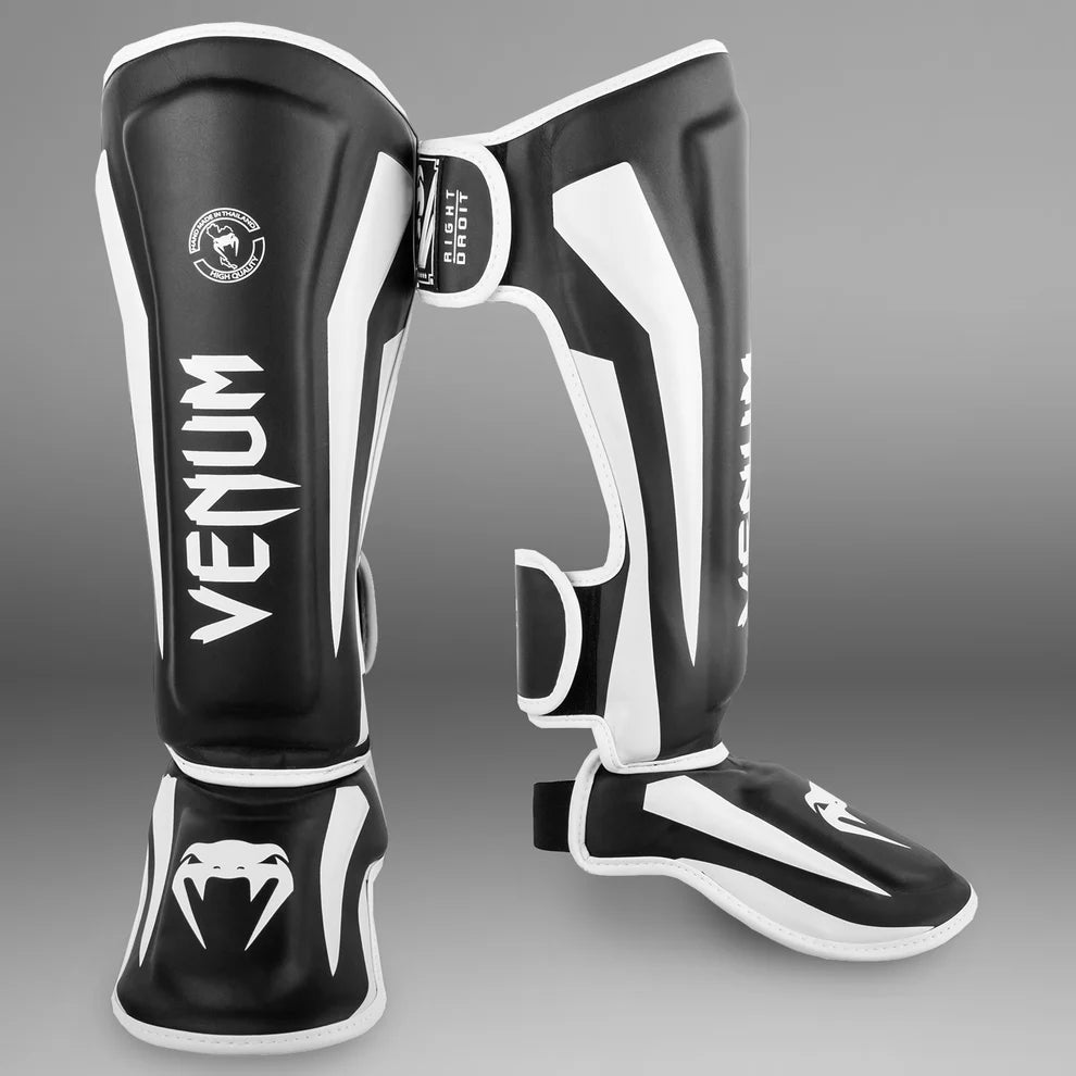 Venum Elite Standup shin guards Black White pair front view product