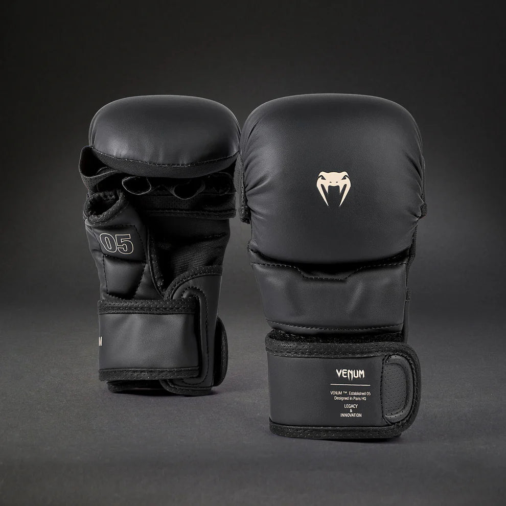 Venum Impact Evo MMA Sparring Gloves Black front view showing MMA training glove design