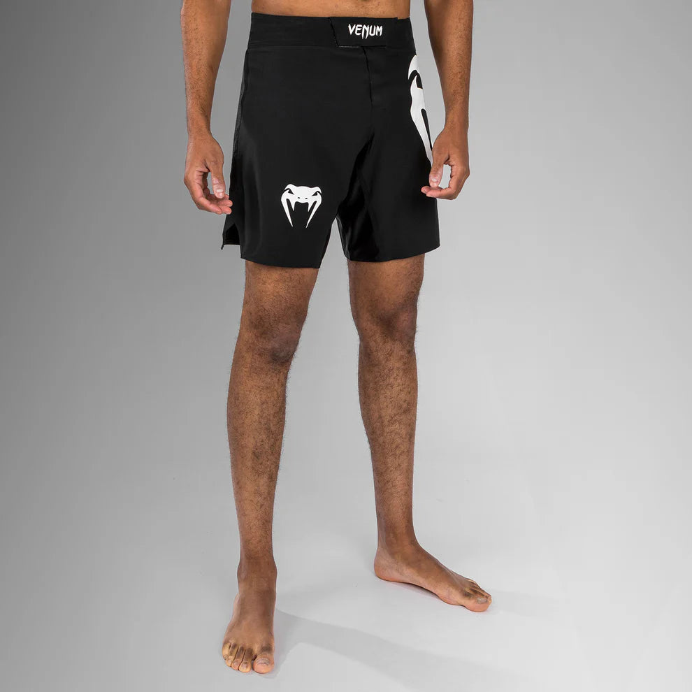 Venum Light 5.0 Fightshort Black White Side view showing lightweight MMA fight shorts