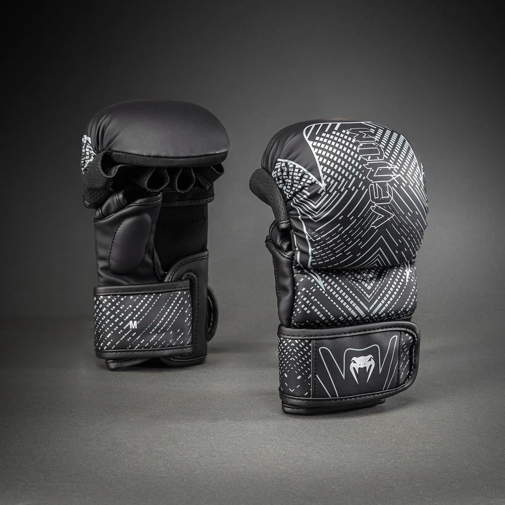 Pair of Venum Midnight Fury Sparring Gloves Black Grey Silver shown together