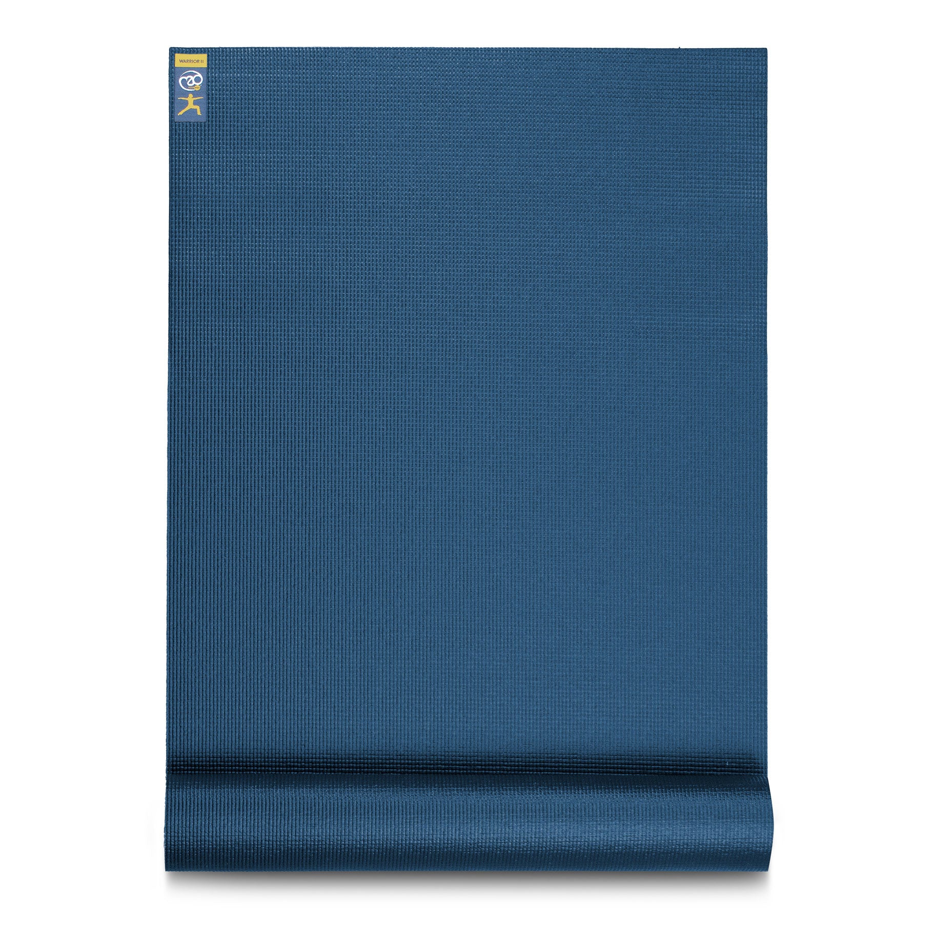Warrior II Yoga Mat in dark blue with 4mm cushioning and non-slip surface, made from eco-friendly phthalate-free PVC.