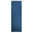 Full-length Warrior II dark blue yoga mat showing Oeko-Tex certified eco-friendly design and durable build.
