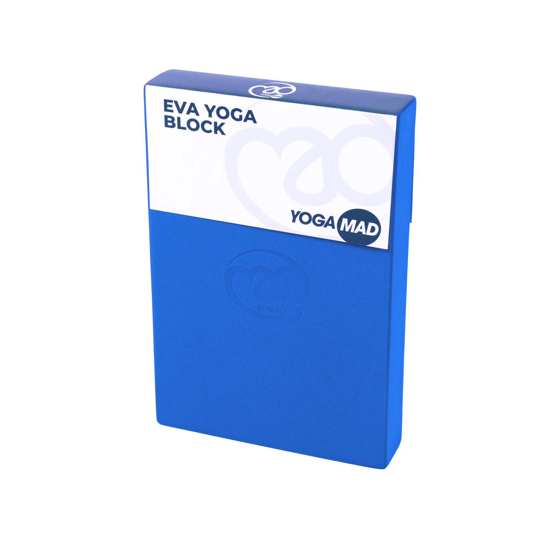 Angled view of Yoga-Mad blue yoga block showing chamfered 45-degree edges for safety and comfort