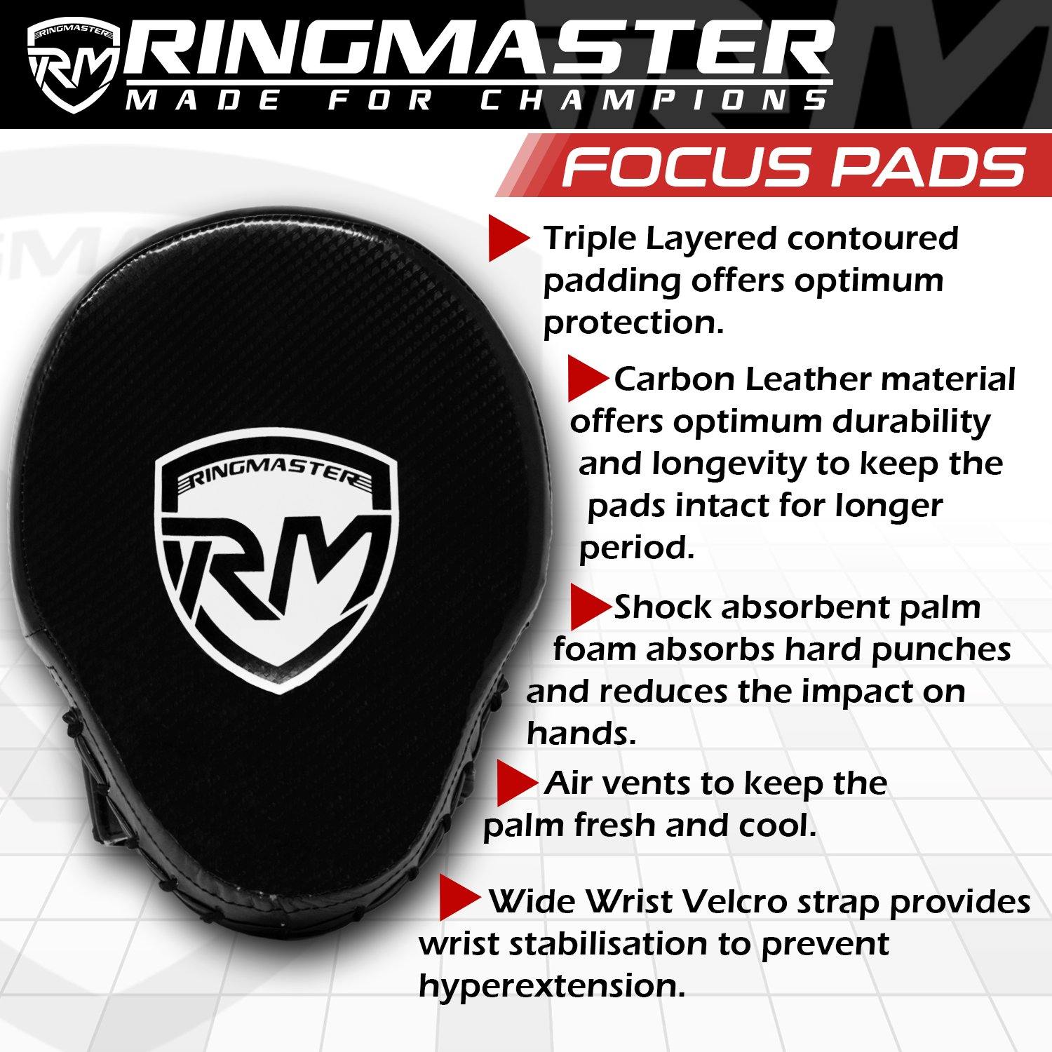 Hook and Jab Pads, boxing pads, punching pad, focus pads, kickboxing pads, focus pads boxing, boxing pad price, focus mitts, sparring pads, boxing gloves and pads, Ringmaster Sports Boxing Equipment, Ringmaster Sports Boxing pads, Ultralight Focus Pads Carbon Leather One Size Black