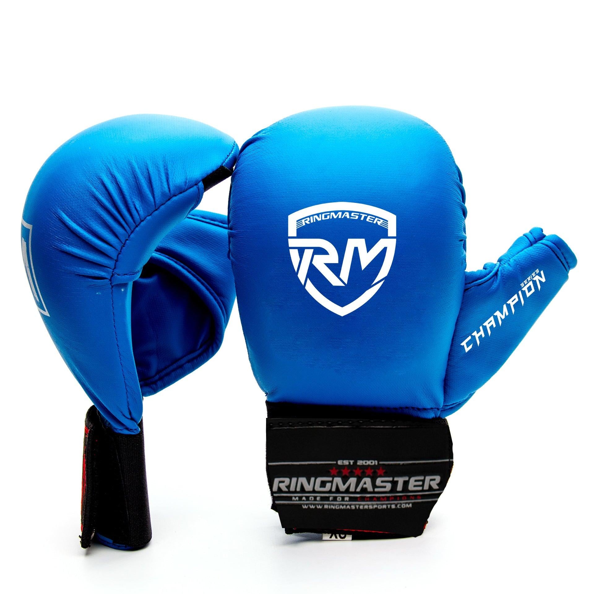 RingMaster Sports Synthetic Leather WKF Styled Kids Karate Gloves Blue, Martial Arts Image 1