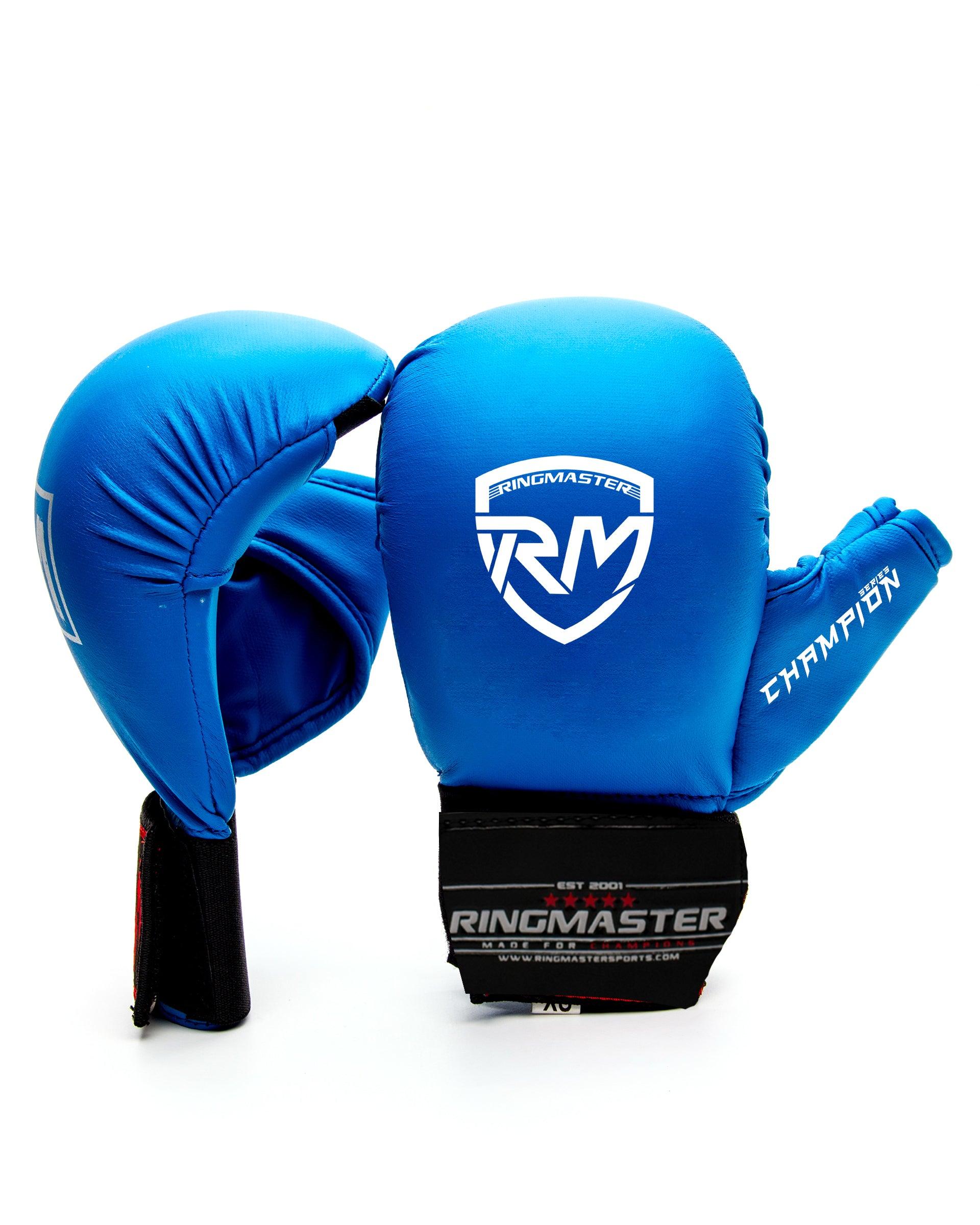 RingMaster Sports Synthetic Leather WKF Styled Kids Karate Gloves Blue, Martial Arts Image 1