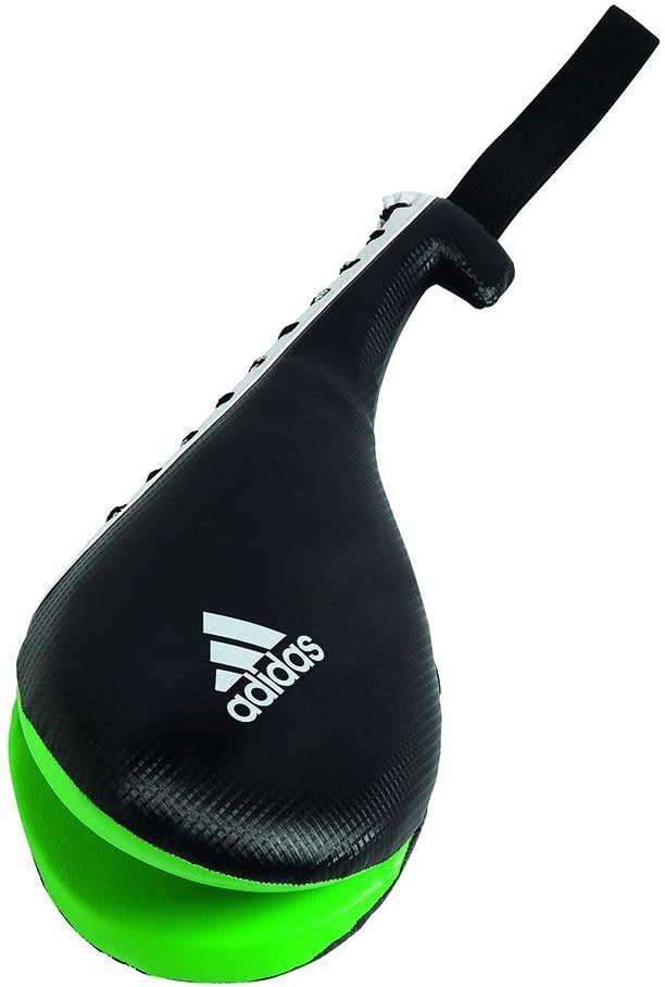 Double hand pad for speed kick training showing PU padded area and nylon strap handle Adidas