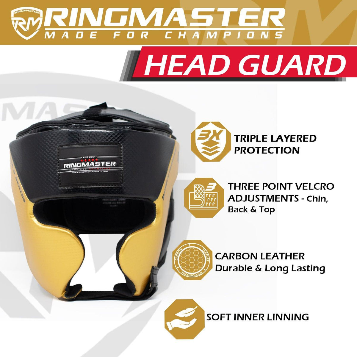 Black and gold RingMaster Sports SHK2.0 boxing headgear