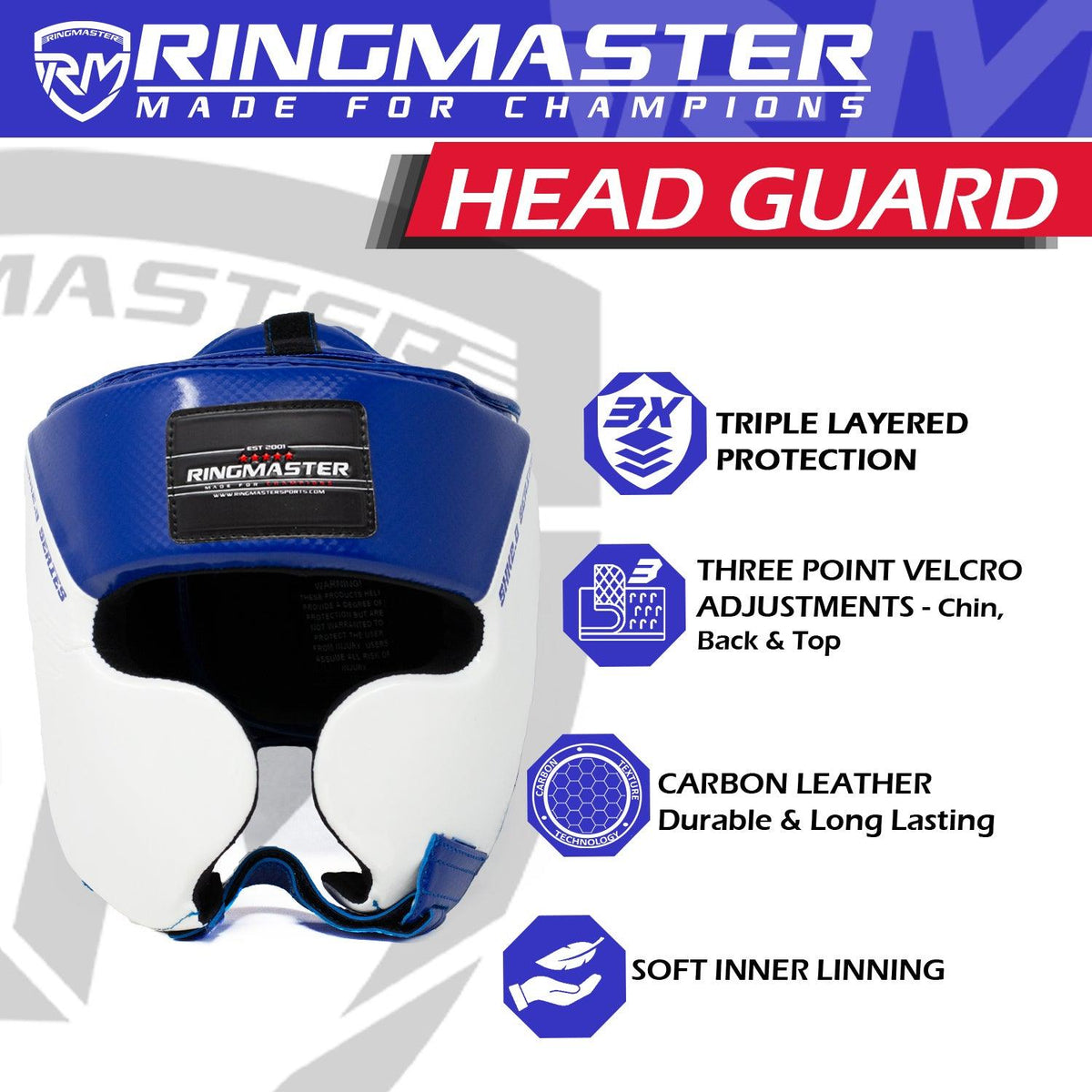 Blue and white RingMaster Sports SHK2.0 boxing headgear