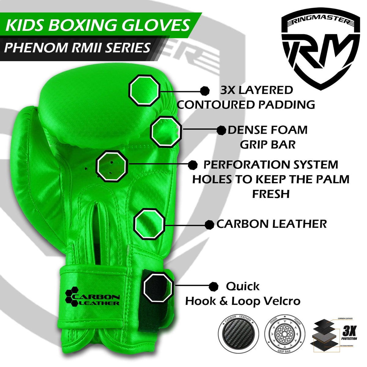 RingMaster Sports CarbonTech Leather kids boxing gloves in green