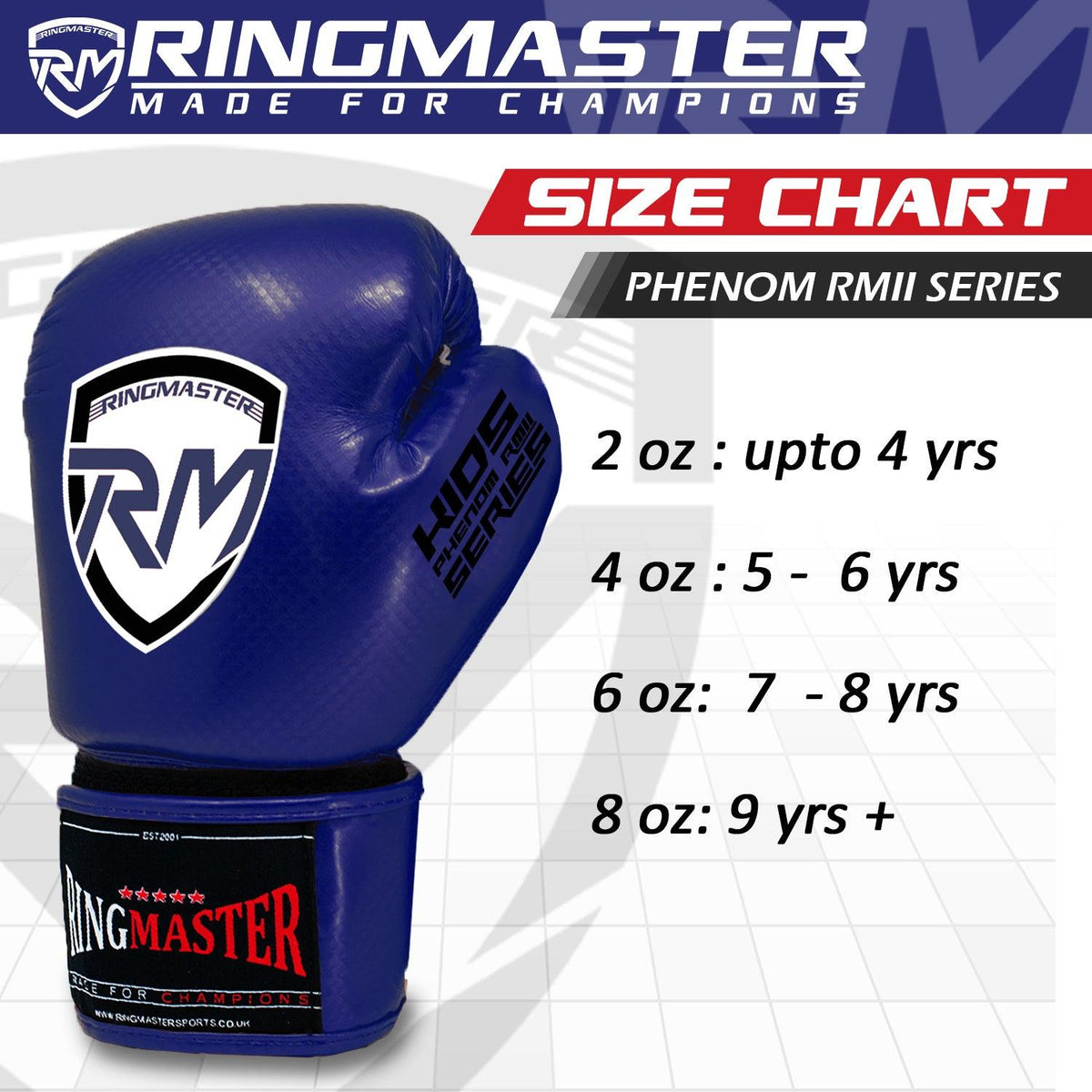 RingMaster Phenom blue kids boxing gloves with contoured padding