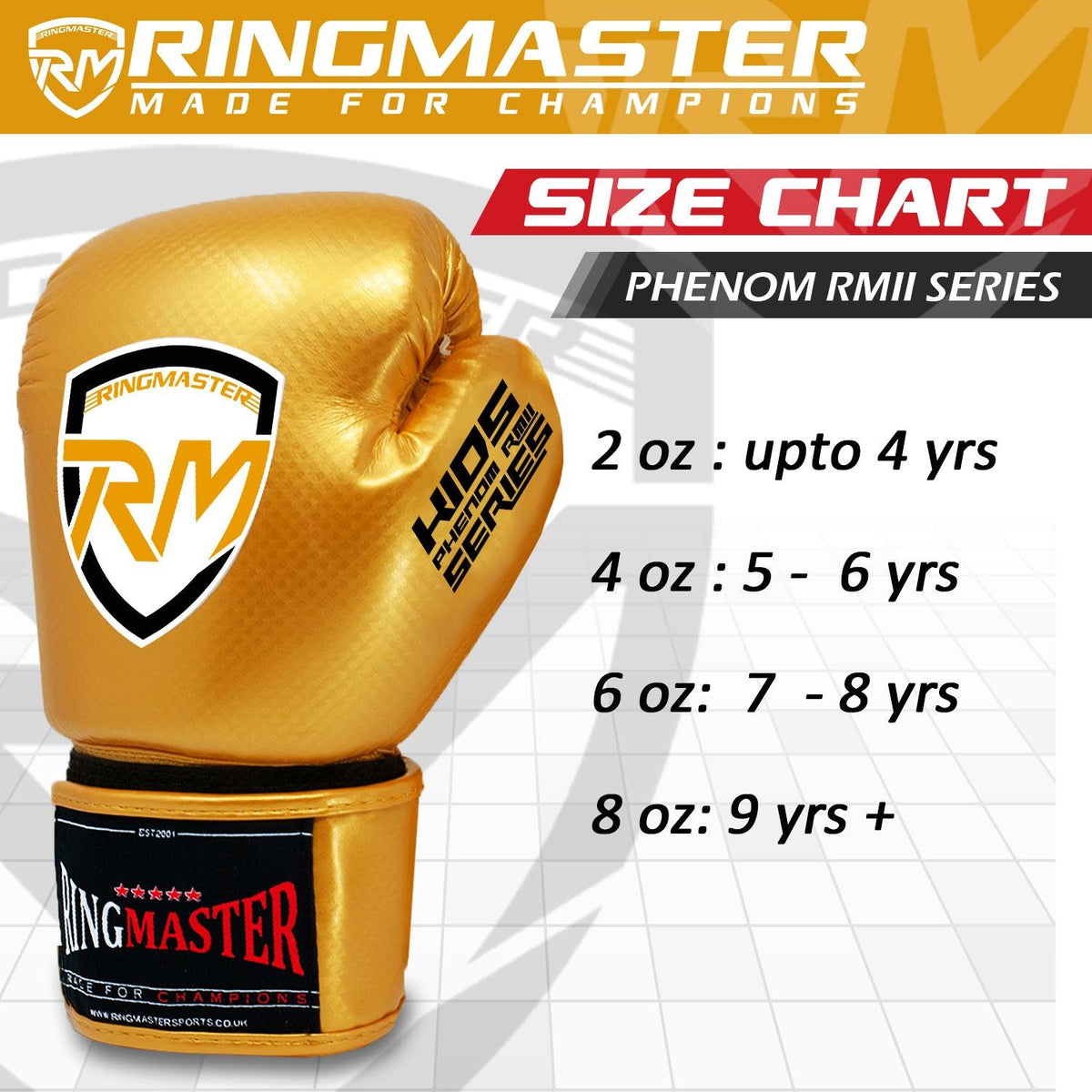 RingMaster Phenom gold kids boxing gloves with contoured padding