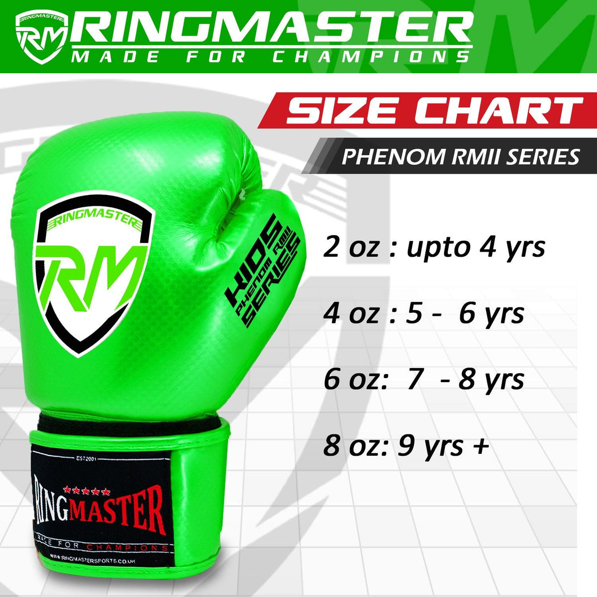 RingMaster Phenom green kids boxing gloves with contoured padding