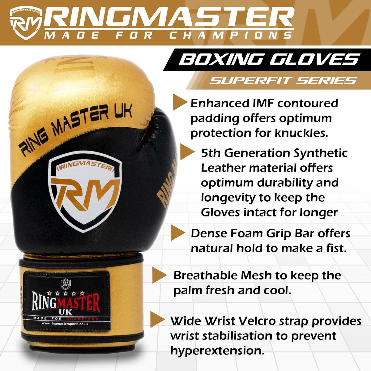 RingMaster Superfit boxing gloves with breathable palm mesh